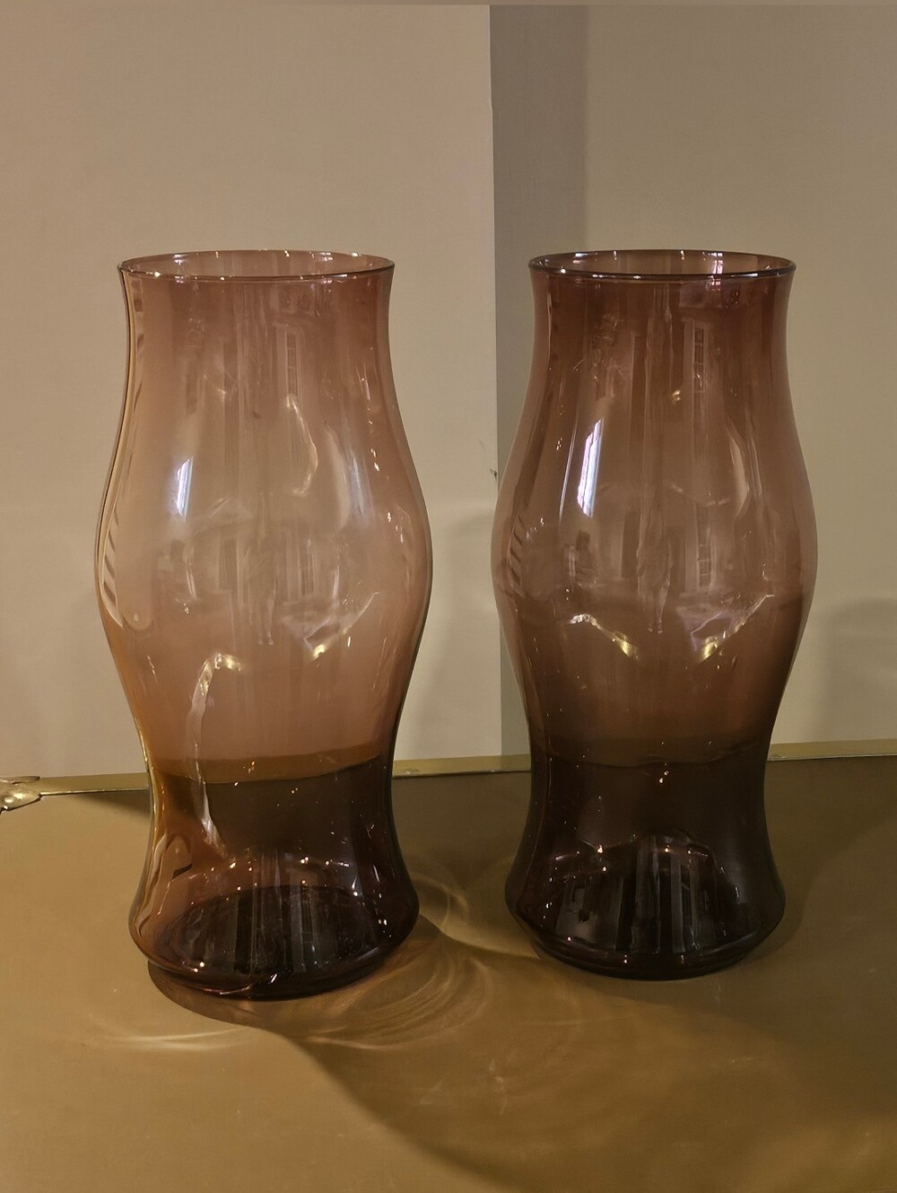 Vintage Wide Glass Vases Pink Muted Red Tinted Transparent Curved Set Of 2 Pair